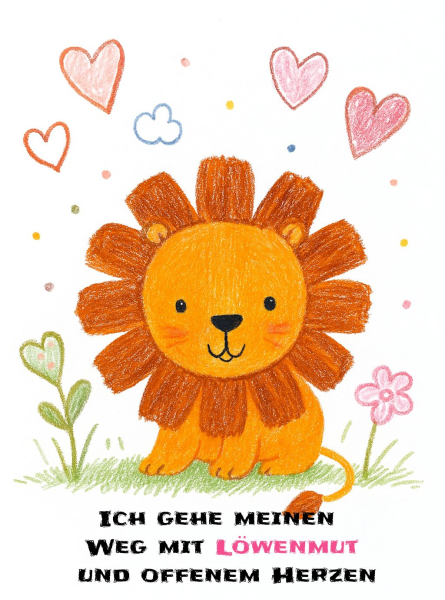 Kinderzeichnung eines lächelnden Löwen mit Herzchen und Blumen – darunter der Affirmationsspruch: ‚Ich gehe meinen Weg mit Löwenmut und offenem Herzen‘